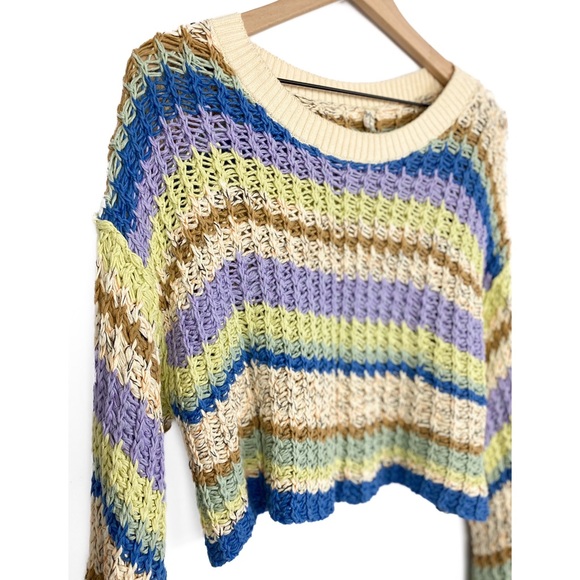 Free People Aloha Striped Crochet Chunky Knit Cropped Sweater, Rainbow - Size S - Picture 4 of 6